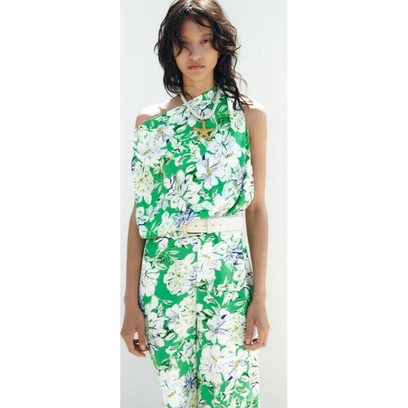 NWT ZARA Tropical Floral Print Belted Jumpsuit in Green WOMEN'S Small - Picture 2 of 9